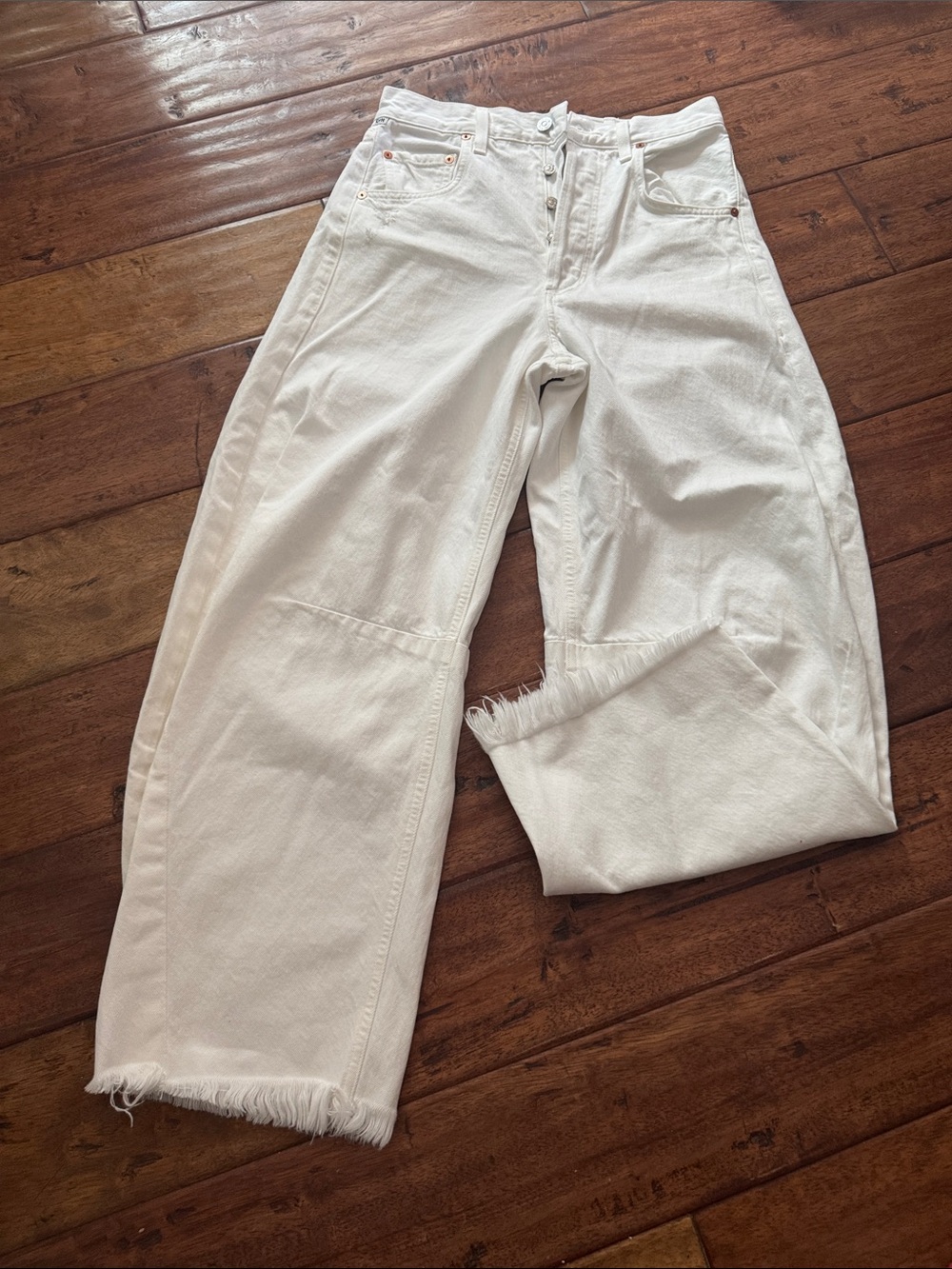 Citizens Of Humanity White High-Rise Wide Leg Barrel Jeans with Frayed Hem